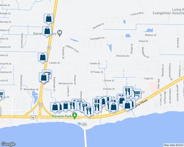 map of restaurants, bars, coffee shops, grocery stores, and more near 8617 El Paseo Street in Navarre
