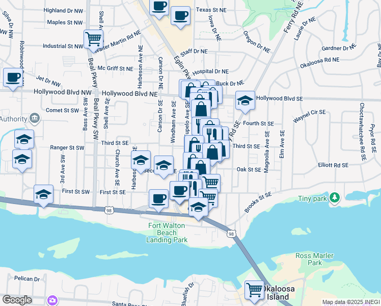 map of restaurants, bars, coffee shops, grocery stores, and more near 107 Tupelo Avenue Southeast in Fort Walton Beach