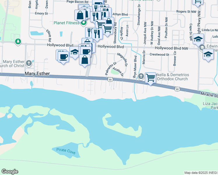 map of restaurants, bars, coffee shops, grocery stores, and more near 521 East Miracle Strip Parkway in Mary Esther