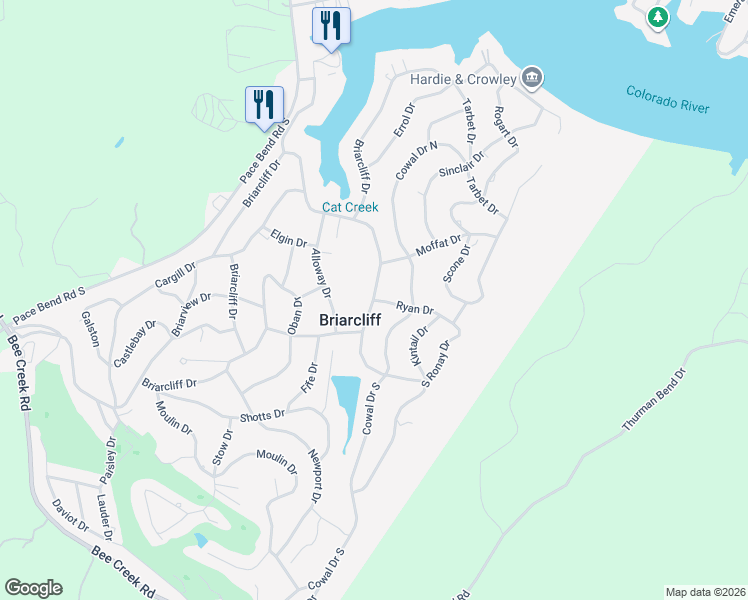 map of restaurants, bars, coffee shops, grocery stores, and more near 300 Dunkeld Drive in Briarcliff