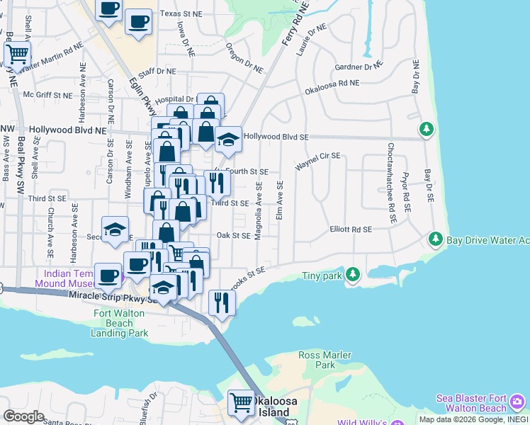 map of restaurants, bars, coffee shops, grocery stores, and more near 107 Magnolia Avenue Southeast in Fort Walton Beach