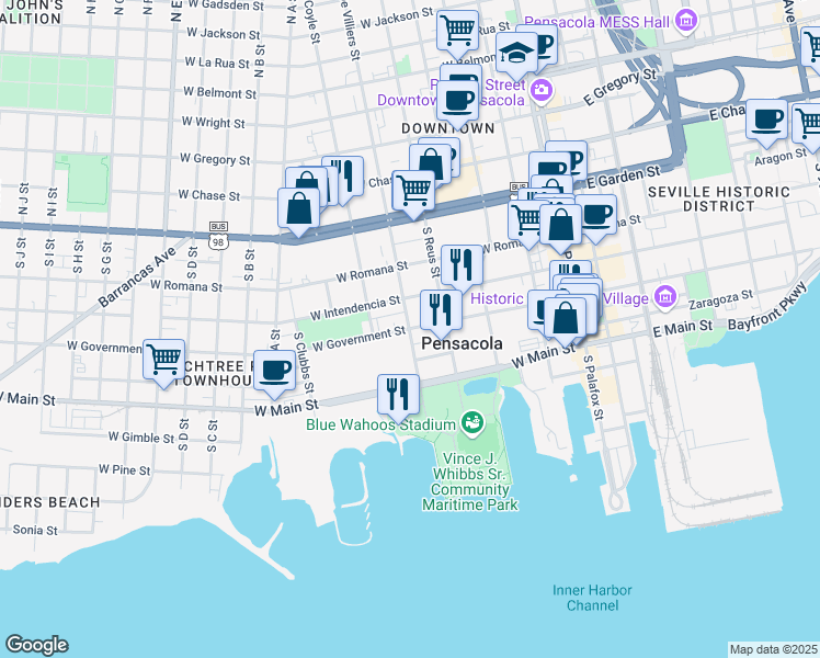 map of restaurants, bars, coffee shops, grocery stores, and more near South De Villiers Street in Pensacola