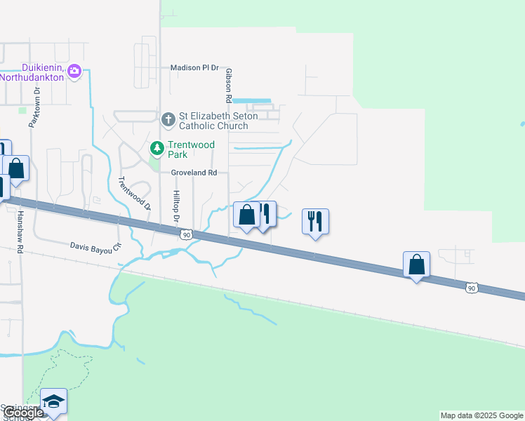 map of restaurants, bars, coffee shops, grocery stores, and more near 5 Lakeview Drive in Ocean Springs