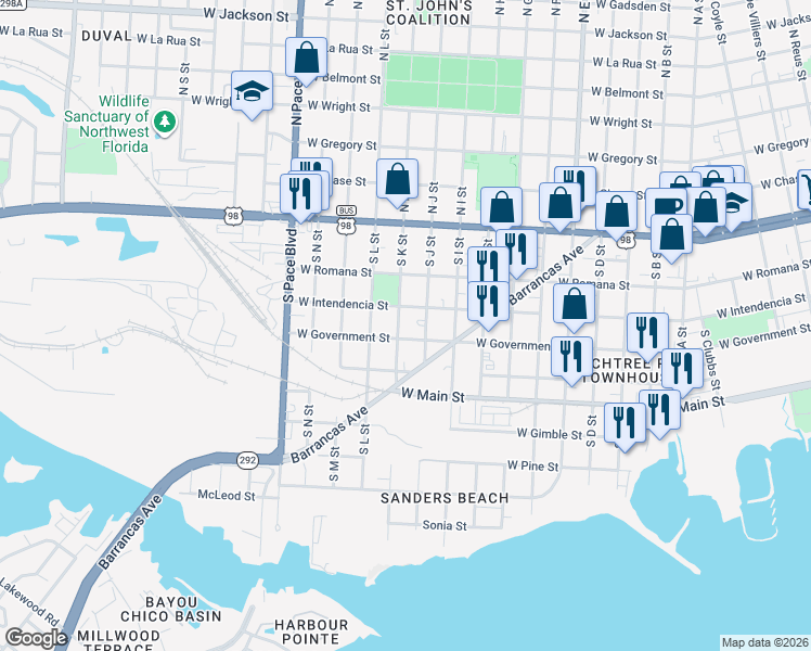 map of restaurants, bars, coffee shops, grocery stores, and more near 318 South K Street in Pensacola