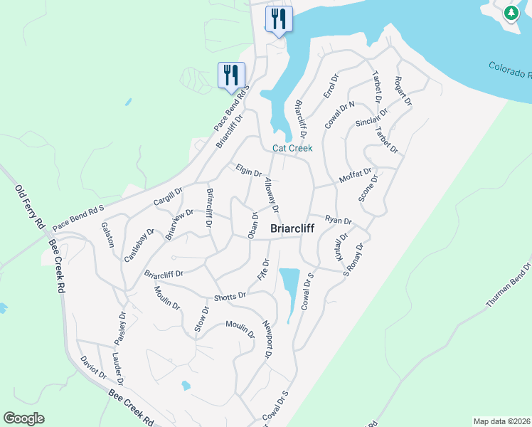 map of restaurants, bars, coffee shops, grocery stores, and more near 22105 Angus Drive in Briarcliff