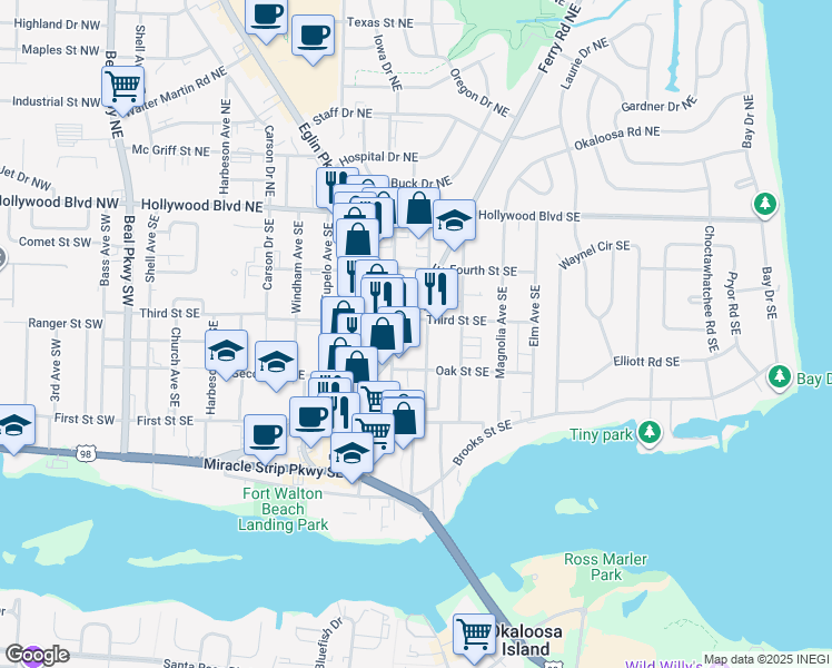 map of restaurants, bars, coffee shops, grocery stores, and more near 109 Ferry Road Northeast in Fort Walton Beach