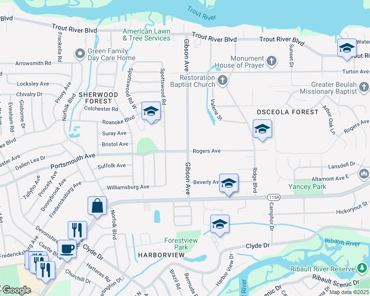 map of restaurants, bars, coffee shops, grocery stores, and more near 4249 Rogers Avenue in Jacksonville