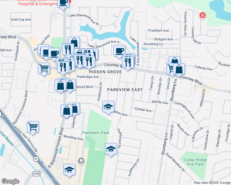 map of restaurants, bars, coffee shops, grocery stores, and more near 4831 Parkoaks Drive in Baton Rouge