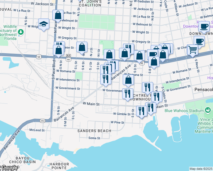 map of restaurants, bars, coffee shops, grocery stores, and more near 322-398 South H Street in Pensacola