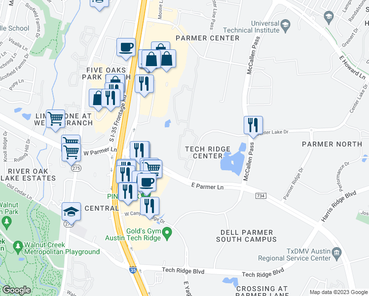 map of restaurants, bars, coffee shops, grocery stores, and more near 12800 Center Lake Drive in Austin