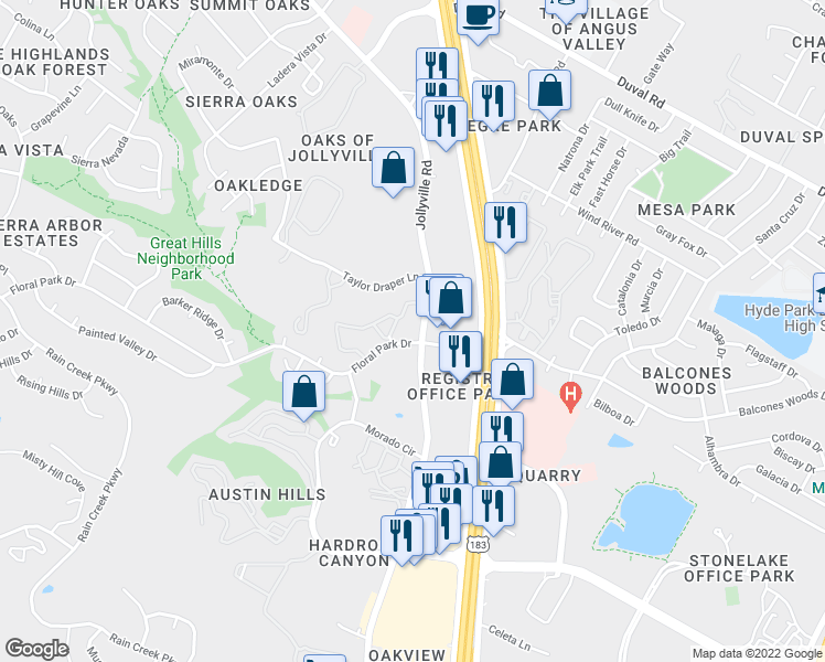 map of restaurants, bars, coffee shops, grocery stores, and more near 11130 Jollyville Road in Austin