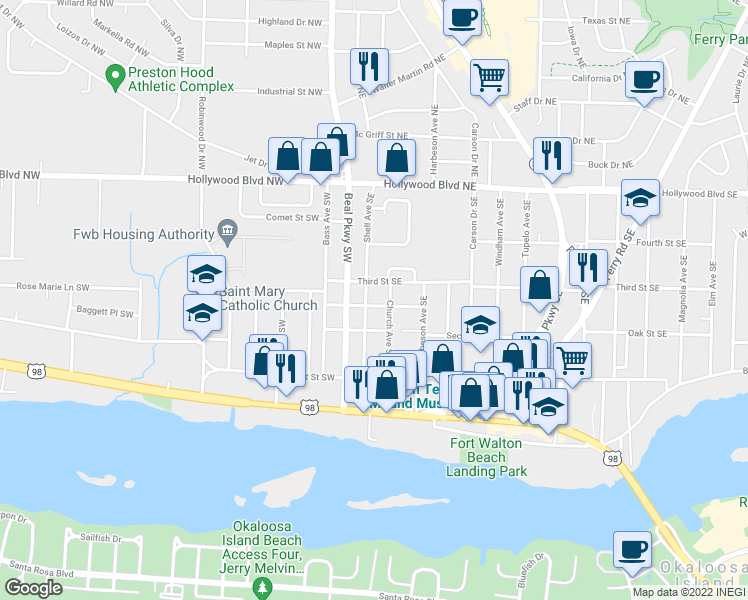 map of restaurants, bars, coffee shops, grocery stores, and more near 115 Shell Avenue Southeast in Fort Walton Beach