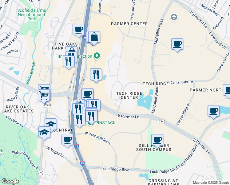 map of restaurants, bars, coffee shops, grocery stores, and more near 12800 Center Lake Drive in Austin