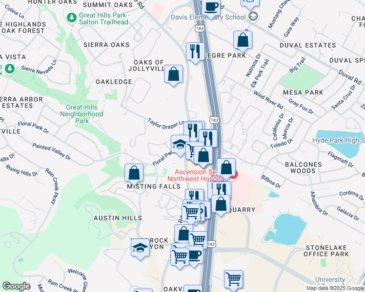 map of restaurants, bars, coffee shops, grocery stores, and more near 5124 Balcones Woods Drive in Austin