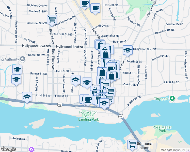 map of restaurants, bars, coffee shops, grocery stores, and more near 107 Tupelo Avenue Southeast in Fort Walton Beach