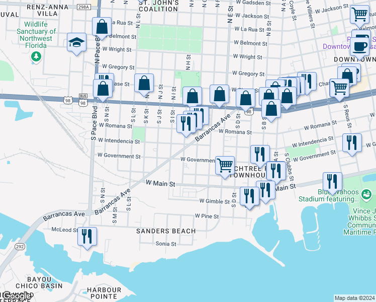 map of restaurants, bars, coffee shops, grocery stores, and more near 322-398 South H Street in Pensacola
