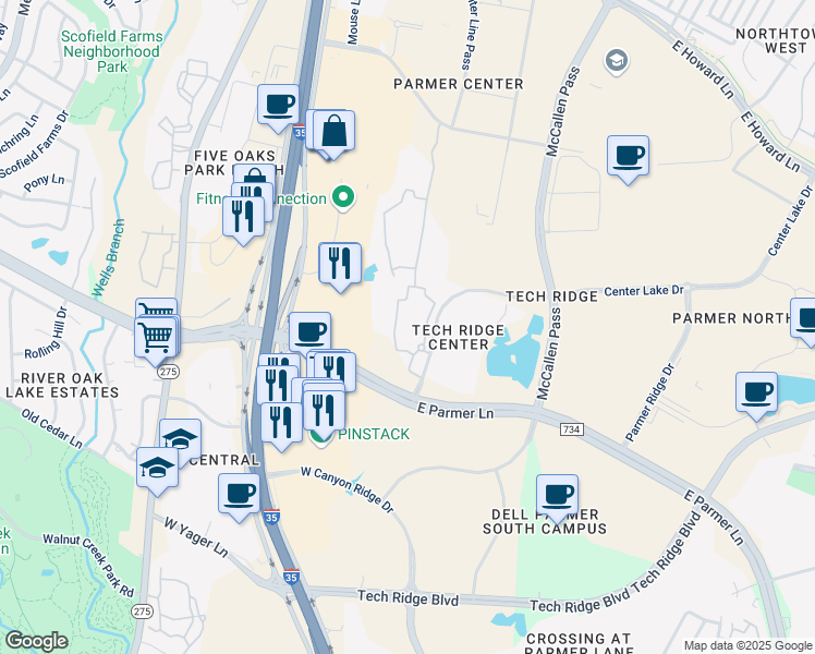 map of restaurants, bars, coffee shops, grocery stores, and more near 12800 Center Lake Drive in Austin