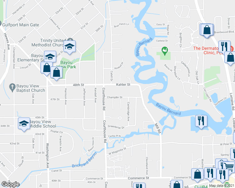 map of restaurants, bars, coffee shops, grocery stores, and more near 450 Champlin St in Gulfport