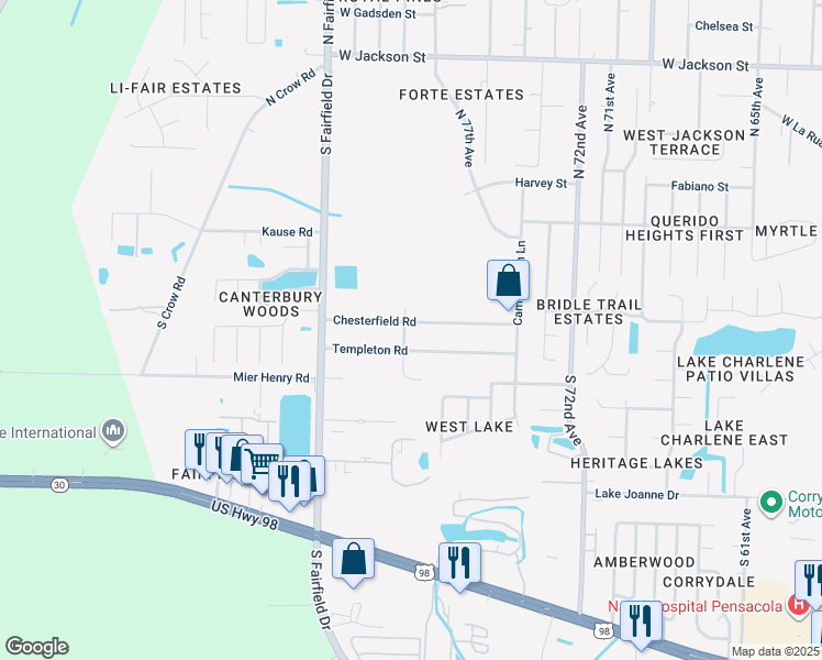 map of restaurants, bars, coffee shops, grocery stores, and more near 7793 Chesterfield Road in Pensacola