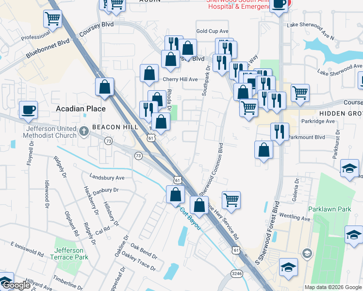 map of restaurants, bars, coffee shops, grocery stores, and more near 10838 West Fuller Place in Baton Rouge