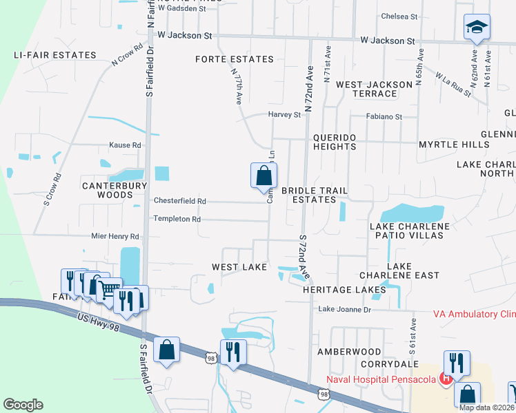 map of restaurants, bars, coffee shops, grocery stores, and more near 233 Campbellton Lane in Pensacola
