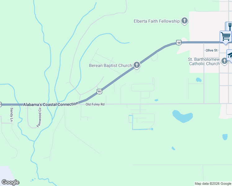 map of restaurants, bars, coffee shops, grocery stores, and more near 23888 U.S. 98 in Elberta