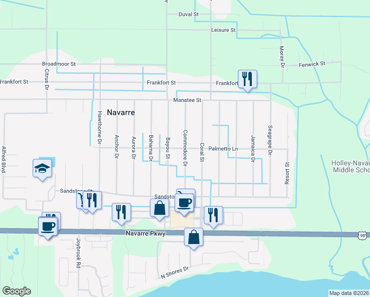 map of restaurants, bars, coffee shops, grocery stores, and more near 7567 Palmetto Lane in Navarre