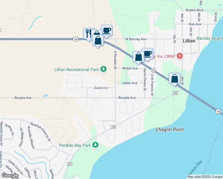 map of restaurants, bars, coffee shops, grocery stores, and more near 33980 Zuzu's Lane in Lillian
