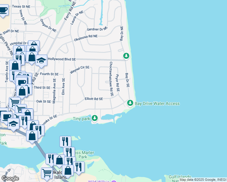 map of restaurants, bars, coffee shops, grocery stores, and more near 35 Choctawhatchee Road Northeast in Fort Walton Beach