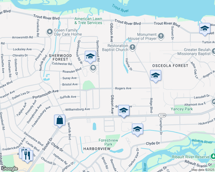 map of restaurants, bars, coffee shops, grocery stores, and more near 4249 Rogers Avenue in Jacksonville