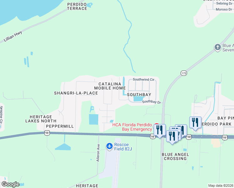 map of restaurants, bars, coffee shops, grocery stores, and more near 1886 Gulf Bay Lane in Pensacola