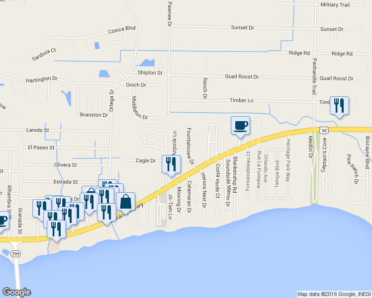 map of restaurants, bars, coffee shops, grocery stores, and more near 2043 Fountainview Drive in Navarre