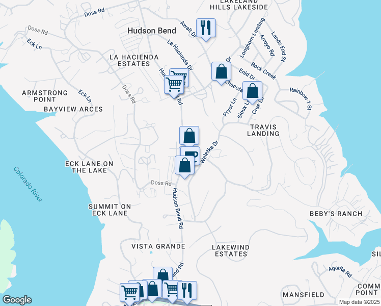 map of restaurants, bars, coffee shops, grocery stores, and more near 4701 Hudson Bend Road in Austin