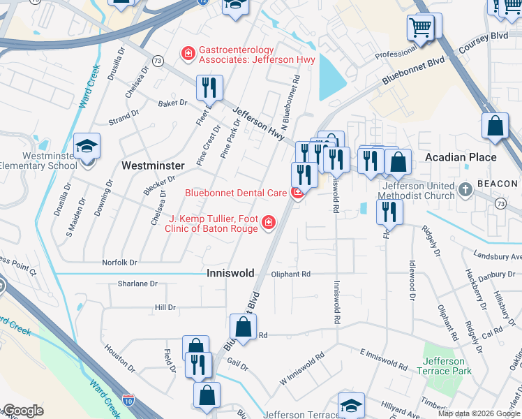 map of restaurants, bars, coffee shops, grocery stores, and more near 4509 Bluebonnet Road in Baton Rouge