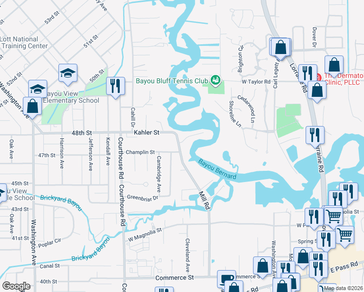 map of restaurants, bars, coffee shops, grocery stores, and more near 1526 Mill Road in Gulfport