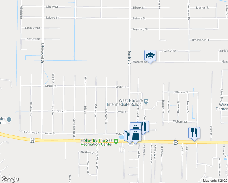 map of restaurants, bars, coffee shops, grocery stores, and more near 1957 Sparrow Lane in Navarre