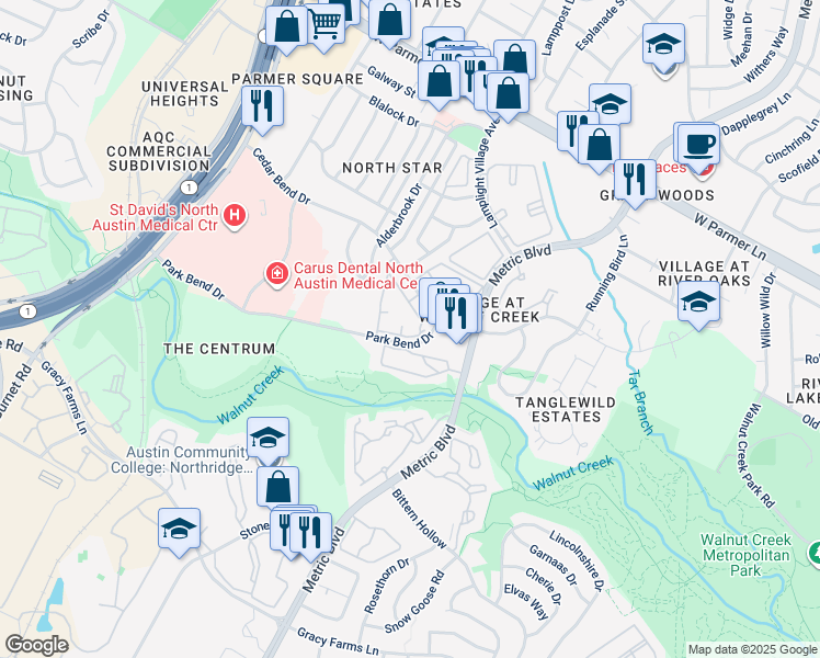 map of restaurants, bars, coffee shops, grocery stores, and more near 2015 Cedar Bend Drive in Austin