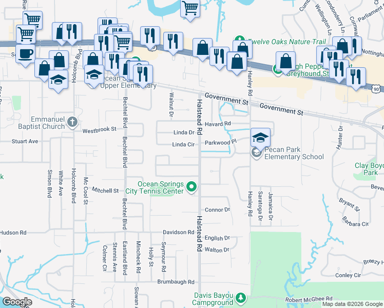 map of restaurants, bars, coffee shops, grocery stores, and more near 111 Earle Taylor Lane in Ocean Springs