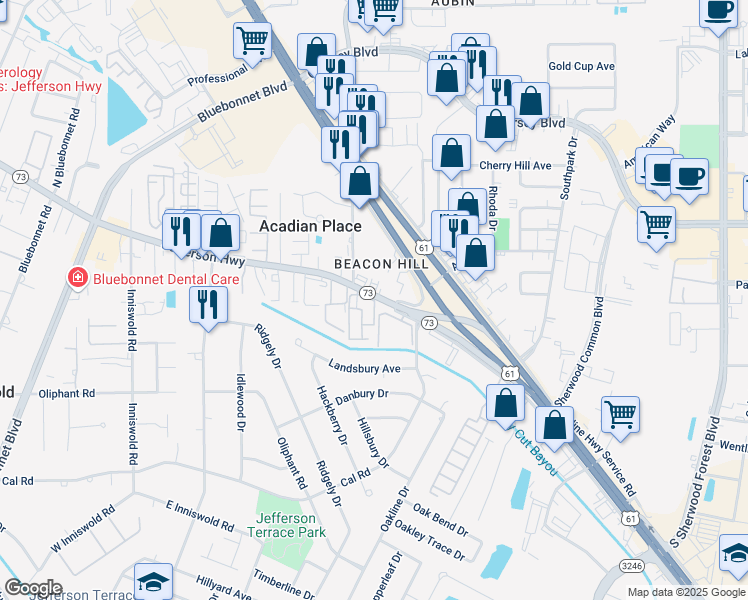 map of restaurants, bars, coffee shops, grocery stores, and more near 10444 Old Jefferson Highway in Baton Rouge