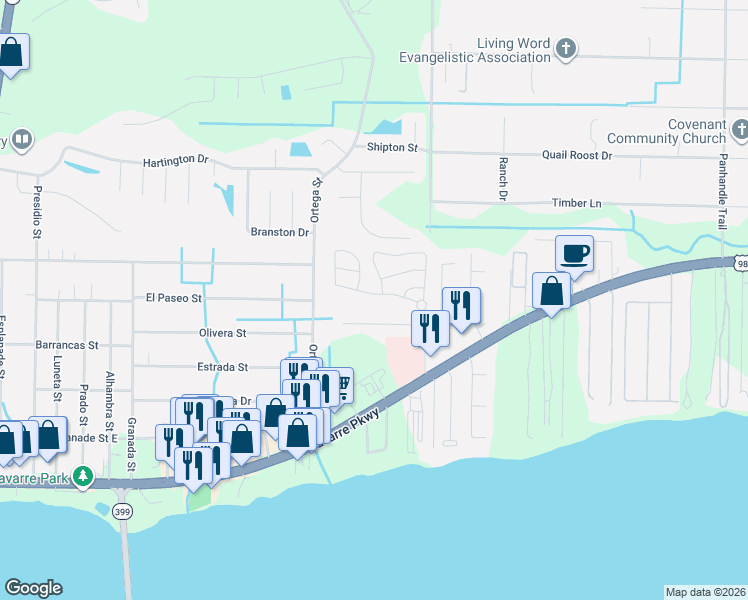 map of restaurants, bars, coffee shops, grocery stores, and more near 8839 Brown Pelican Circle in Navarre