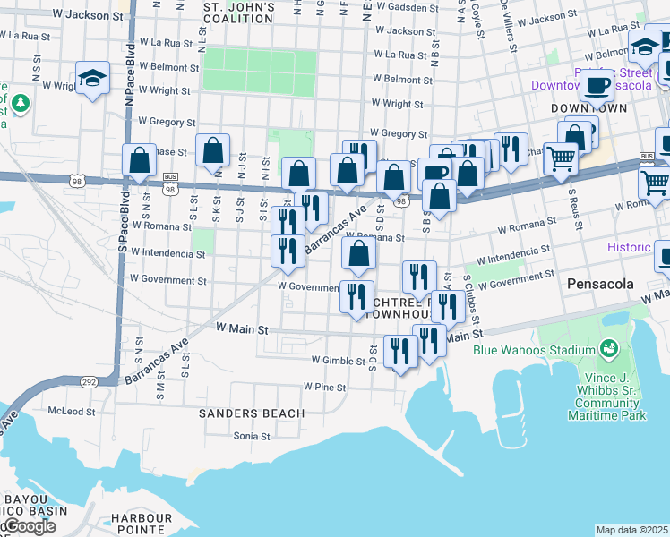 map of restaurants, bars, coffee shops, grocery stores, and more near 351 South E Street in Pensacola