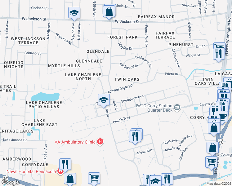 map of restaurants, bars, coffee shops, grocery stores, and more near 5601 Admiral Doyle Road in Pensacola