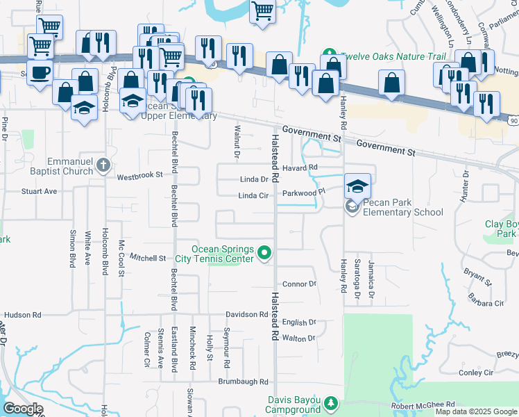 map of restaurants, bars, coffee shops, grocery stores, and more near 108 Earle Taylor Lane in Ocean Springs