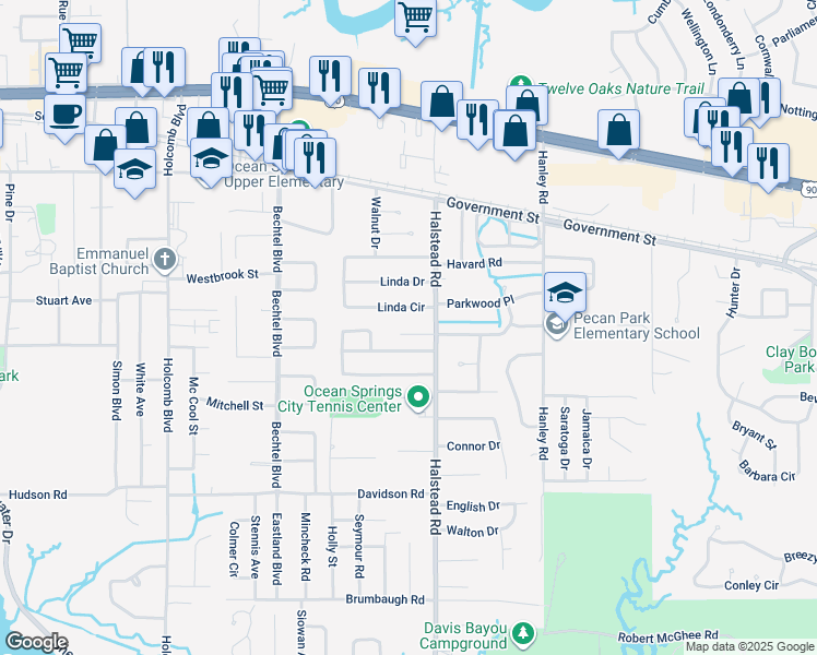 map of restaurants, bars, coffee shops, grocery stores, and more near 108 Earle Taylor Lane in Ocean Springs