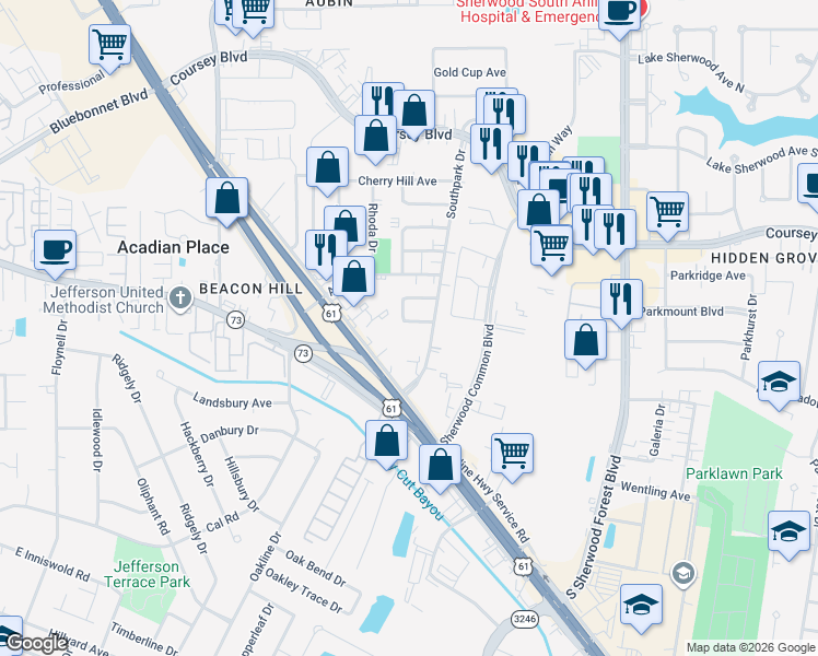 map of restaurants, bars, coffee shops, grocery stores, and more near 10838 West Fuller Place in Baton Rouge