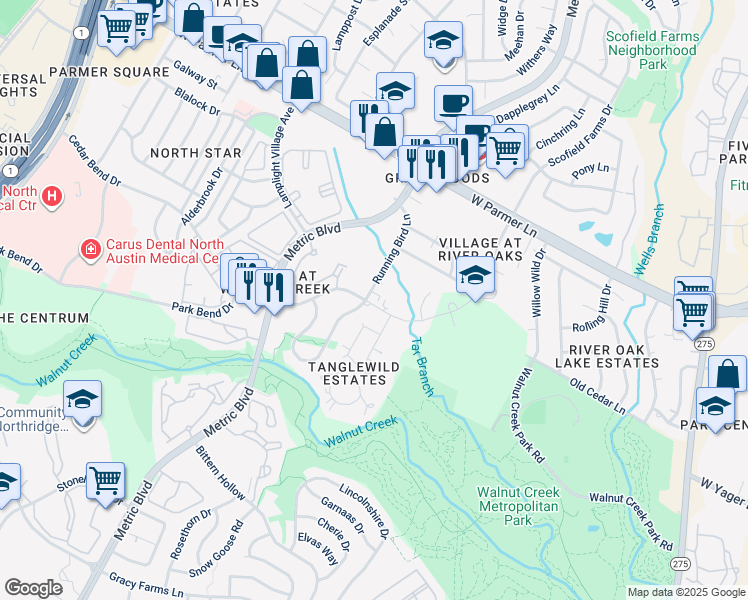 map of restaurants, bars, coffee shops, grocery stores, and more near 1704 Cedar Bend Drive in Austin