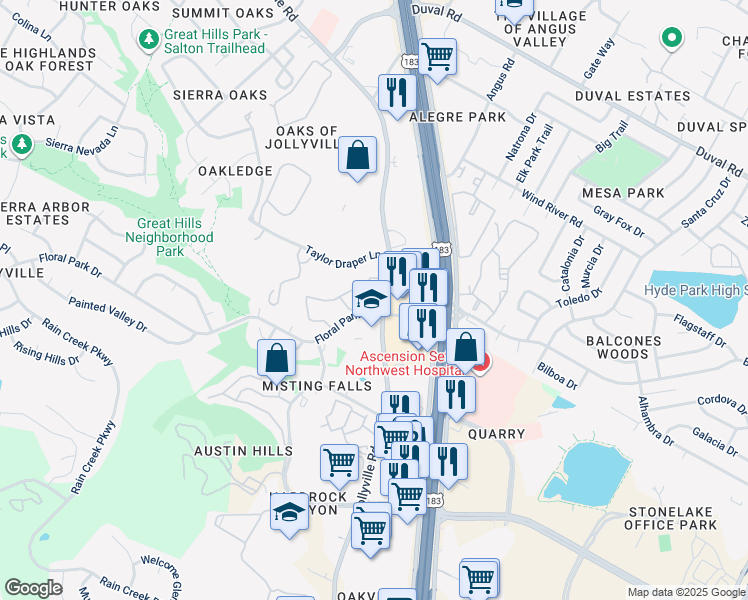 map of restaurants, bars, coffee shops, grocery stores, and more near 11130 Jollyville Road in Austin