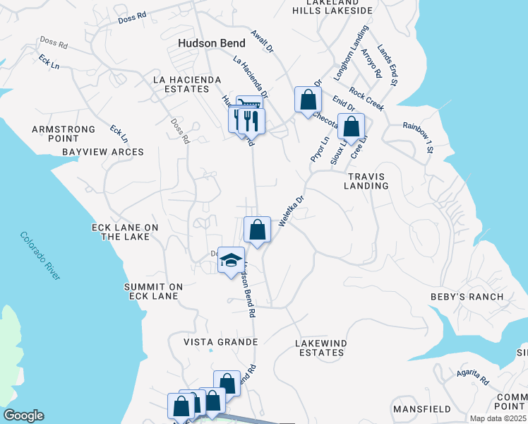 map of restaurants, bars, coffee shops, grocery stores, and more near 4701 Hudson Bend Road in Austin