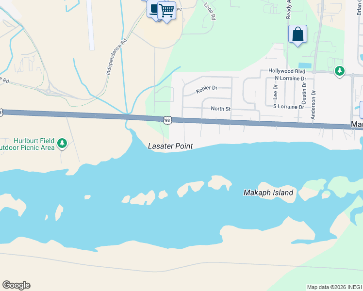 map of restaurants, bars, coffee shops, grocery stores, and more near 399 West Miracle Strip Parkway in Mary Esther