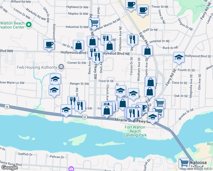 map of restaurants, bars, coffee shops, grocery stores, and more near 104 Church Avenue Southeast in Fort Walton Beach